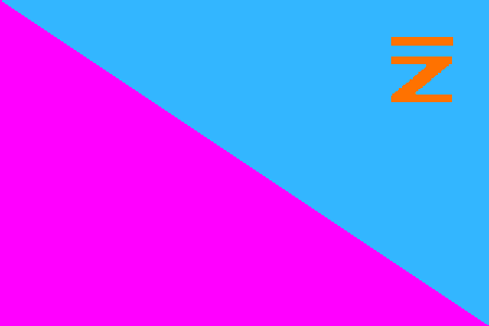 A flag split diagonally from top left to bottom right. The left part is bright pink. The right part is sky blue. There is an orange Z with a line over it in the top right corner.
